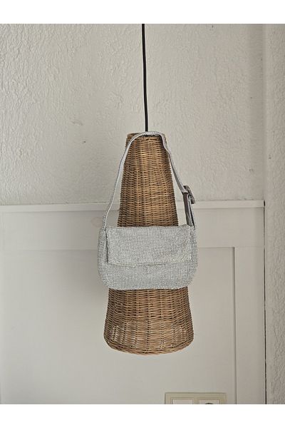 Moom Bag Geantă de umăr țesătă cu piatră cu cataramă argintie pentru femei