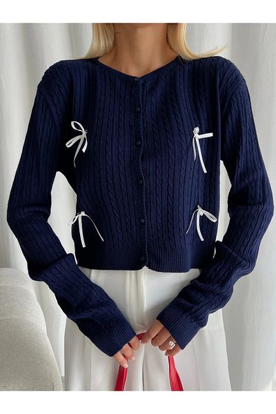 Cistern İstanbul Women's Navy Blue Bow Detailed Knitwear Cardigan