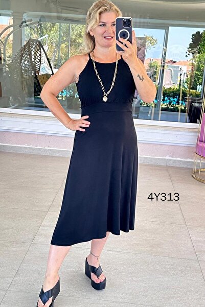 İnce Topuk İp Askılı Halter Yaka Viskon Penye Elbise 4Y313