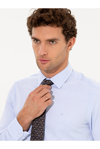 Cacharel Açık Mavi Slim Fit %100 Pamuk Yarım İtalyan Yaka Basic Gömlek 502684...