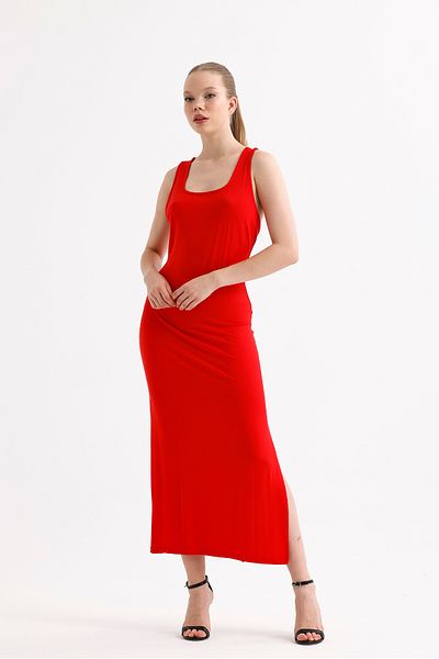 Sense Red Viscose Dress - Slit, Back Low Cut, Cross Strap, Sleeveless, Square Collar |   35781