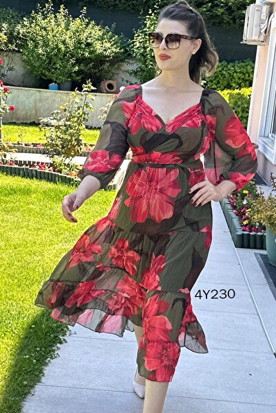 İnce Topuk Double Breasted Chiffon Dress - Cross Tie Detail, Model 4Y230