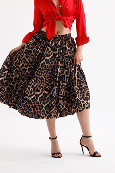 Sense Leopard Print Knee Length Flared Skirt - Lined and Elastic Waist |   Etk35937 Coffee Black Leopard