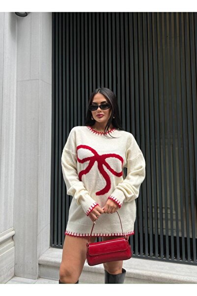 VOOLSTYLE Women's Oversize Collar and Sleeve Detailed Ribbon Patterned Knitwear Sweater