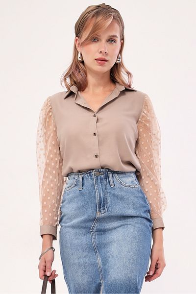 armonika Női bézs ujjú tüll ing ARM-20K001068