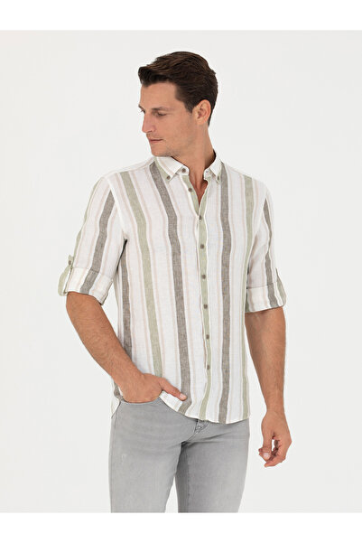 Cacharel Haki Slim Fit %100 Keten Gömlek 50265480-VR027