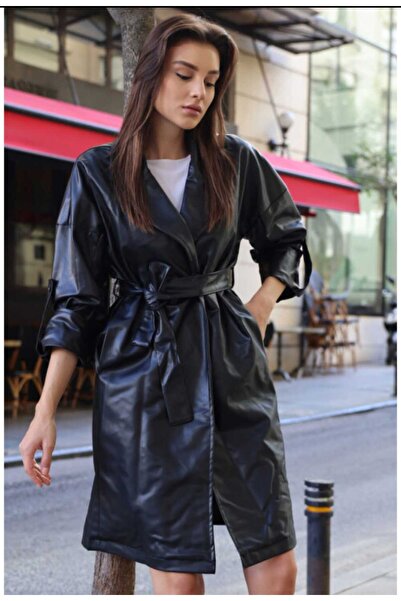 Butik Kuşaklı Suni Deri Trençkot