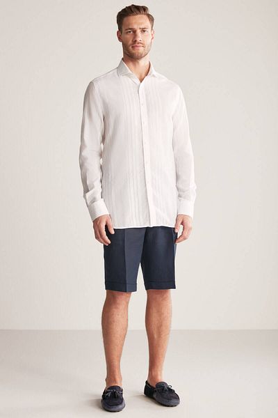Hemington Line Pattern Italian Collar Pure Cotton White Shirt