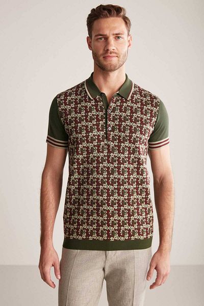 Hemington Silk Cotton Blend Patterned Khaki Knitwear Polo