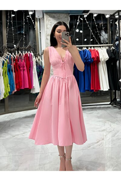 missswans Seya Poplin Fabric Waist-Seated Midi Dress Pink