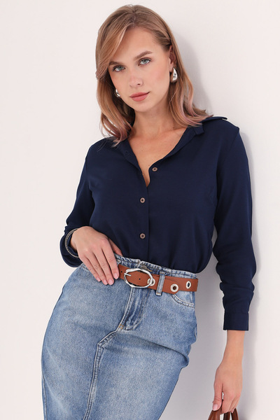 armonika Жіночий темно-синій з довгим рукавом прямий Сорочка ARM18Y001176