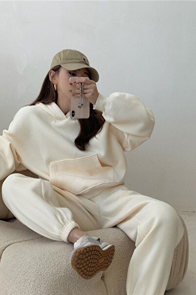 ruNadeS Γυναικείο Σετ Φούτερ από βαμβακερό Oversize Elastic Leg Hooded - Home Wear