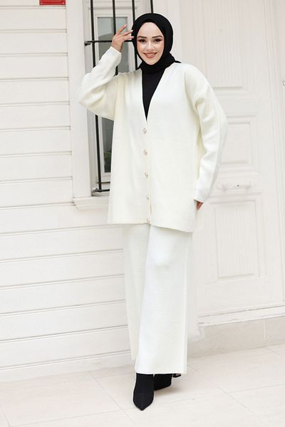 Tesettür Dünyası White Jewelled Buttoned Knitwear Cardigan Set - Tsd 240932