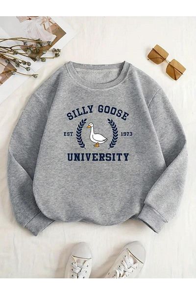 Touz Moda Φούτερ Cute Duck Printed Grey Unisex Oversize Crew Neck Φούτερ