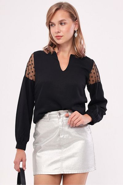 armonika Dámská černá tylová balonová halenka s výstřihem do V ARM-20K001038
