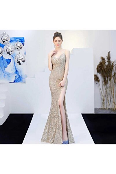 elissaa ASKILI Kruvaze yaka yirtmaçli pulpayetr abiye elbise