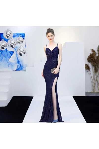 MODAS ASKILI KRUVAZE YAKA YIRTMAÇLI PUL PAYET ABİYE ELBİSE