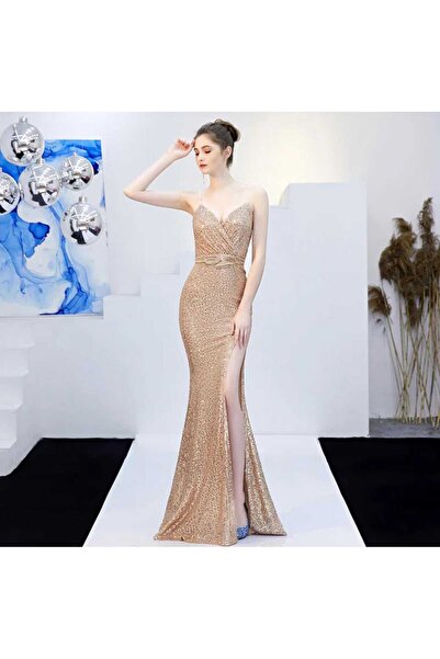 MODAS ASKILI KRUVAZE YAKA YIRTMAÇLI PUL PAYET ABİYE ELBİSE