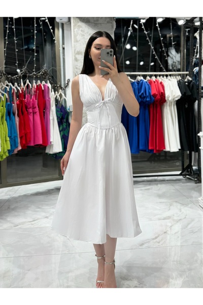 missswans Seya Poplin Fabric Waist-Seated Midi Length Dress White