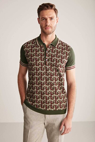 Hemington Silk Cotton Blend Pattern Khaki Knitwear Polo