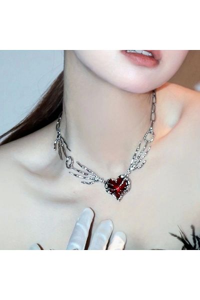 DarkellaStore Gothic Gothic Punk Skeleton Hand Detail Heart Necklace