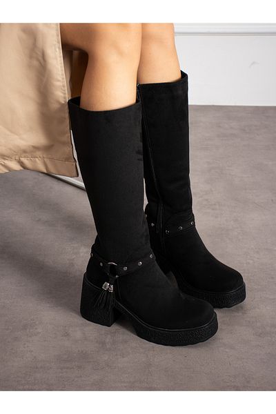 Alemdar Shoes Черни велурени дамски ботуши с пискюли Mi̇les