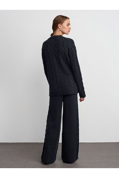 Dilvin 70164 Hair Knit Detailed Elastic Waist Knitwear Trousers-Anthracite