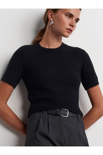 Dilvin 10651 Pulover de tricotaj cu mânecă scurtă cu textura moale și gât de ciclism-negru