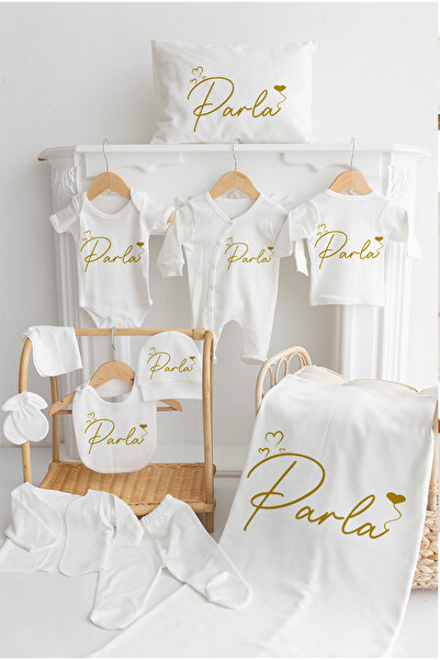 Bebe wini Isime Özel %100 Pamuk Kalp Baskılı 11'li Isimli Organik Bebek Hastane Çıkışı