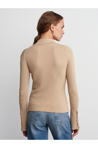 Dilvin 10637 Polo Collar Buttoned Ribbed Knitwear Sweater-Beige