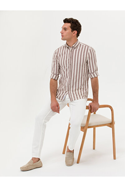 Cacharel Kahverengi Slim Fit Uzun Kollu Çizgili Gömlek 50265483-VR029
