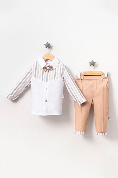 TRENDİMİZBİR Beige Striped Bow Tie Suit for Baby Boy