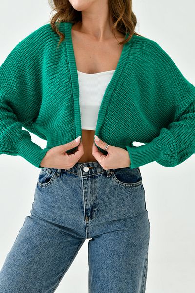 lovebox Women's Balloon Sleeve Crop Design Green Knitwear Cardigan 0149