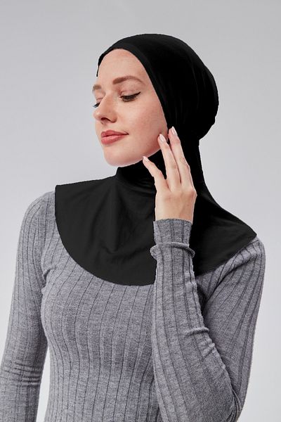 Sonbaharmoda Practical Sports Hijab with Neck Collar - Snap-On, Black Bonnet Combed Cotton