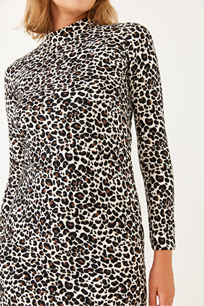 Bianco Lucci Kadın Leopar Desenli Balıkçı Yaka Mini Elbise 10013 60251863
