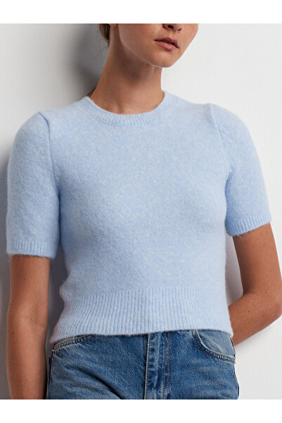 Dilvin 10651 Pulover de tricotaj cu mânecă scurtă, cu textura moale, decolteu, albastru