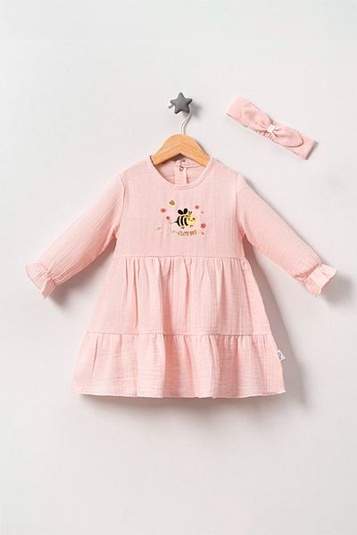 TRENDİMİZBİR Pink Muslin Dress - Embroidered Bandana for Baby Girl