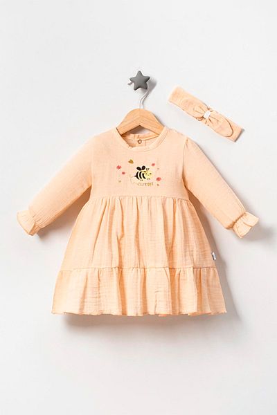 TRENDİMİZBİR Bee Embroidered Muslin Dress for Baby Girl - Salmon Bandana