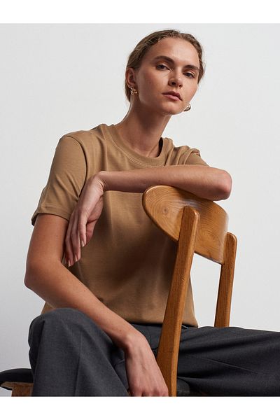 Dilvin 30312 Crew Neck Stitched Decorative T-Shirt - Camel