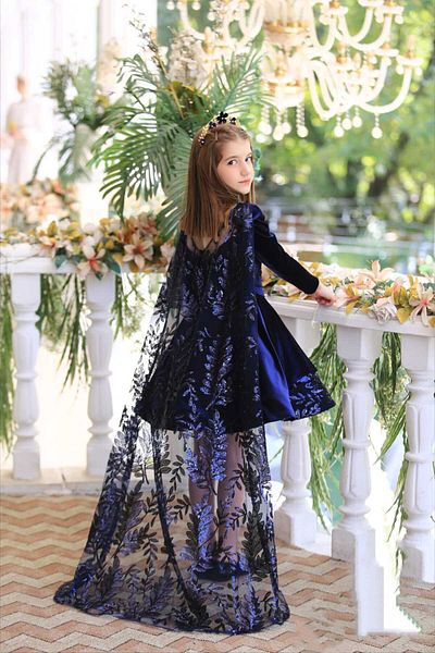 Ribbon kids Girl Child Wedding Graduation Removable Perelin Velvet Evening Dress + Crown