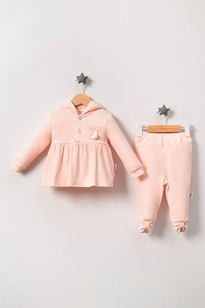 TRENDİMİZBİR Baby Girl Hooded Rabbit Detailed Double Set Powder