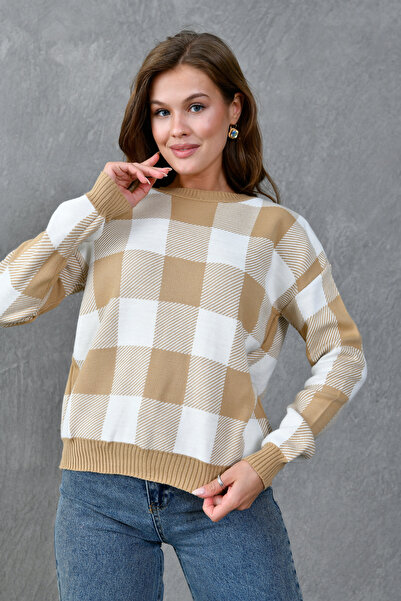 bayansepeti Велосипедний комір з картатим візерунком, коричневий трикотажний светр 0122
