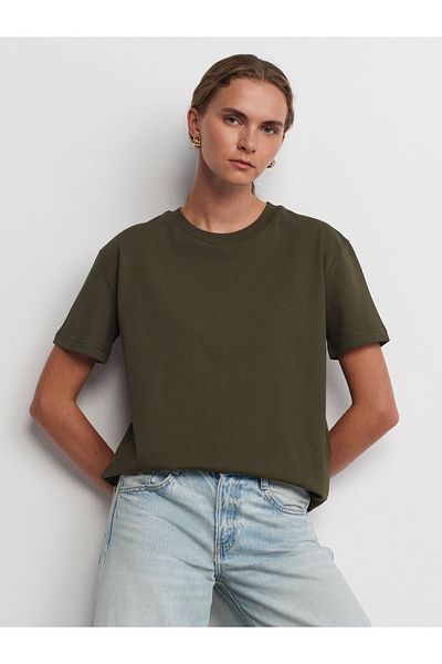 Dilvin 30312 Decorative Stitched Crew Neck T-Shirt-Dark Khaki