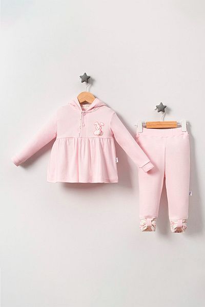 TRENDİMİZBİR Pink Hooded Baby Girl Double Set - Rabbit Detailed