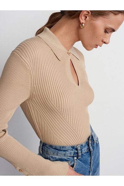 Dilvin 10637 Polo Collar Buttoned Ribbed Knitwear Sweater-Beige