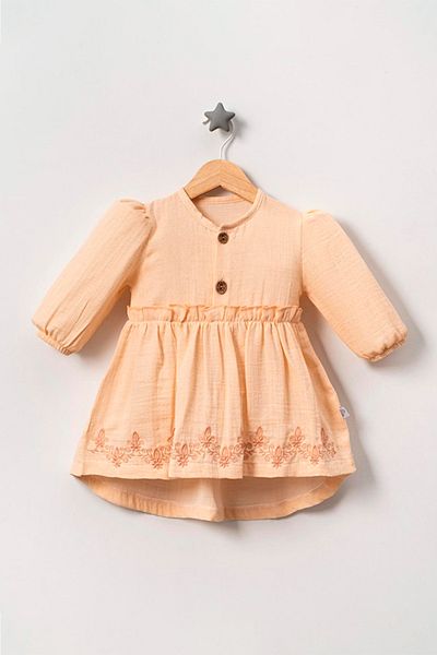 TRENDİMİZBİR Powder Colored Flower Embroidered Baby Girl Muslin Dress
