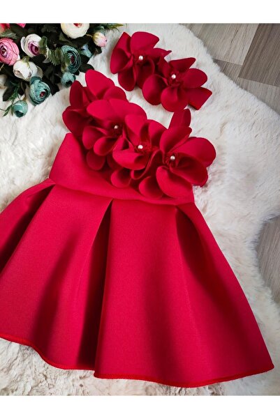 tunay moda Kız çocuk kırmızı orkide abiye elbise ve orkide bandana