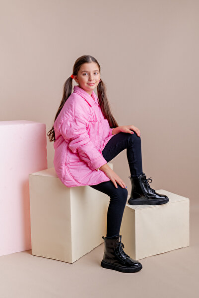 kids A more Lilly Bağcıklı Ve Fermuarlı Deri Kız Çocuk Bot Siyah