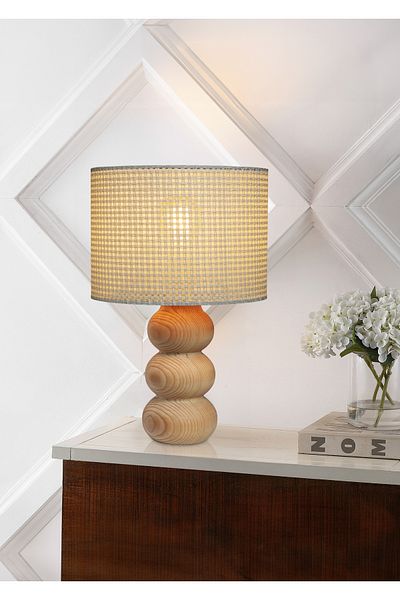 EFLIGHTDESIGN Wooden Lampshade White Wicker Pattern Modern Stylish Bedroom Living Room Table Lamp