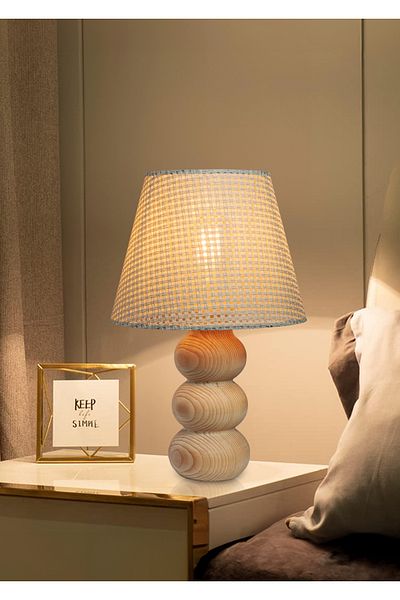 EFLIGHTDESIGN Wooden Lampshade White Wicker Pattern Modern Stylish Bedroom Living Room Table Lamp